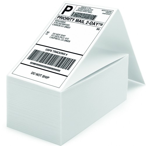Stack of 4x6 thermal shipping labels fan-folded for label printers