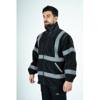 Heavy Duty Fleece Jacket – Black – Reflective Trim, Storm Collar