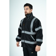 Heavy Duty Fleece Jacket – Black – Reflective Trim, Storm Collar