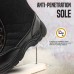 Work boot cross-section highlighting steel toe, ergonomic cushioning, and layered puncture-resistant sole